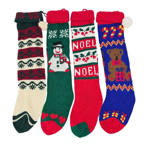 Lot of 4 Vintage Christmas Knit Fair Isle Stockings 22" Snowman Teddy Cottage - Picture 1 of 6